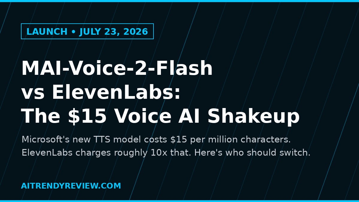 MAI-Voice-2-Flash vs ElevenLabs cover card — Microsoft's $15 per million characters voice AI launch, July 2026
