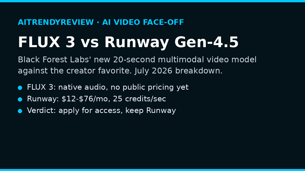 FLUX 3 vs Runway Gen-4.5 comparison card: Black Forest Labs 20-second AI video model versus Runway pricing and verdict