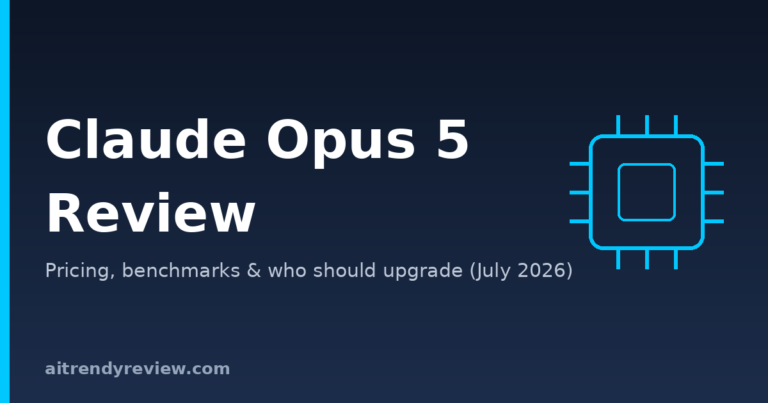 Branded cover graphic: Claude Opus 5 Review, pricing, benchmarks and who should upgrade, July 2026
