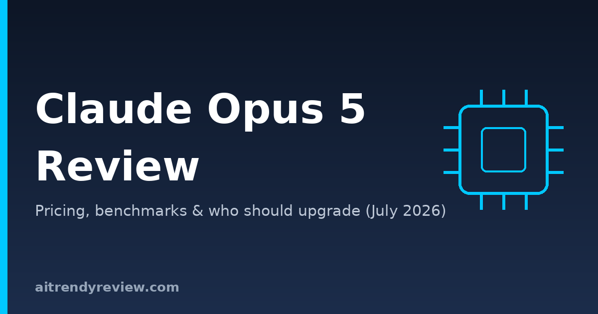 Branded cover graphic: Claude Opus 5 Review, pricing, benchmarks and who should upgrade, July 2026