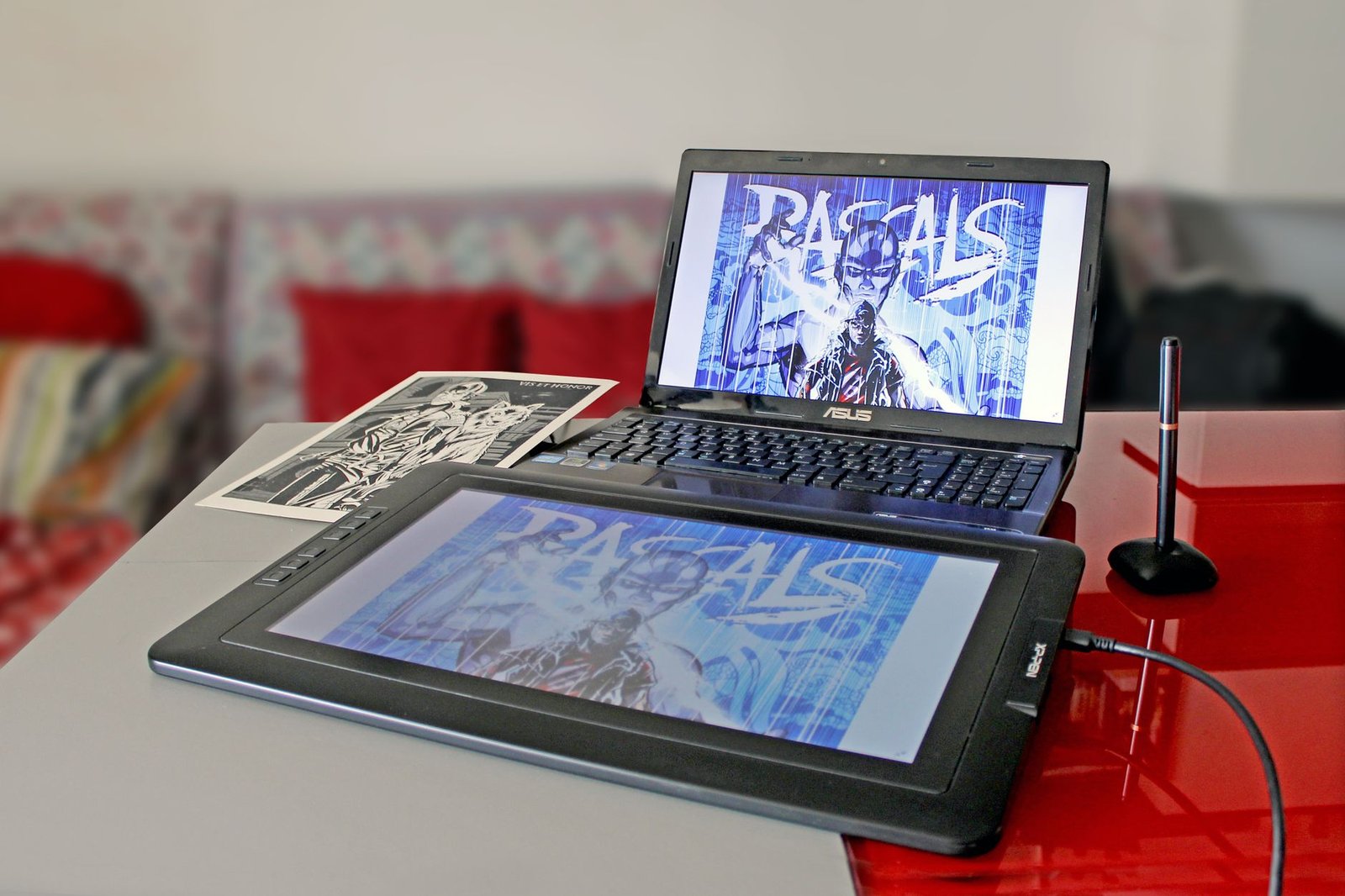 Digital drawing setup with a laptop and tablet for AI art creation