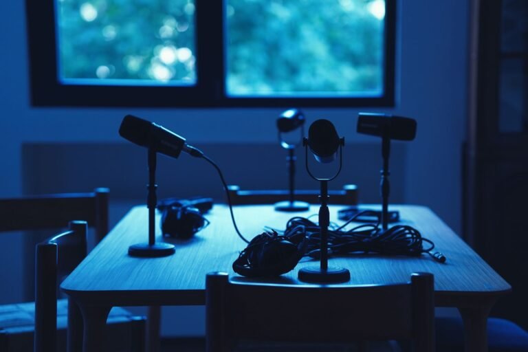 Studio microphone setup for recording AI-narrated audiobook voiceover