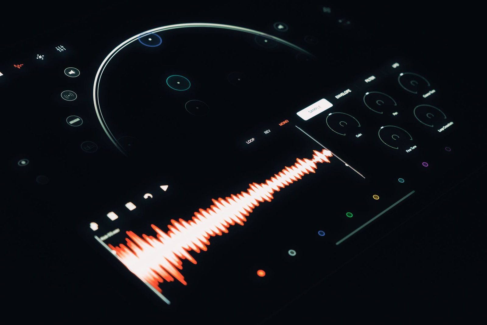 Digital audio waveform on a screen representing speech-to-text processing